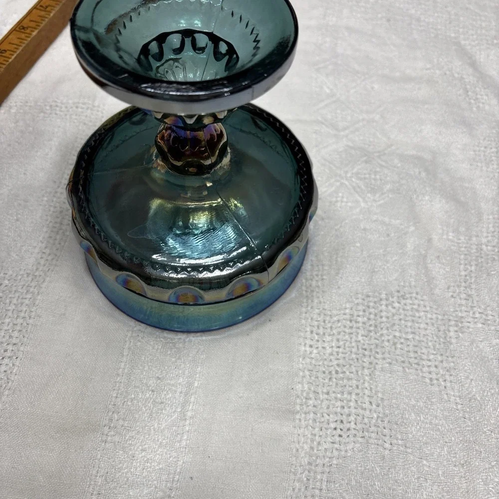 Vintage Indiana Blue Iridescent Carnival‎ Glass Kings Crown Thumbprint Compote